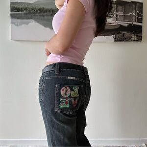 "LOVE" y2k vintage dark wash contrast stitch low tise cargo skater capris denim